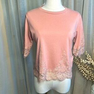 Top Shop Dusty Rose Lace Trim Tee Shirt Cotton Sz S